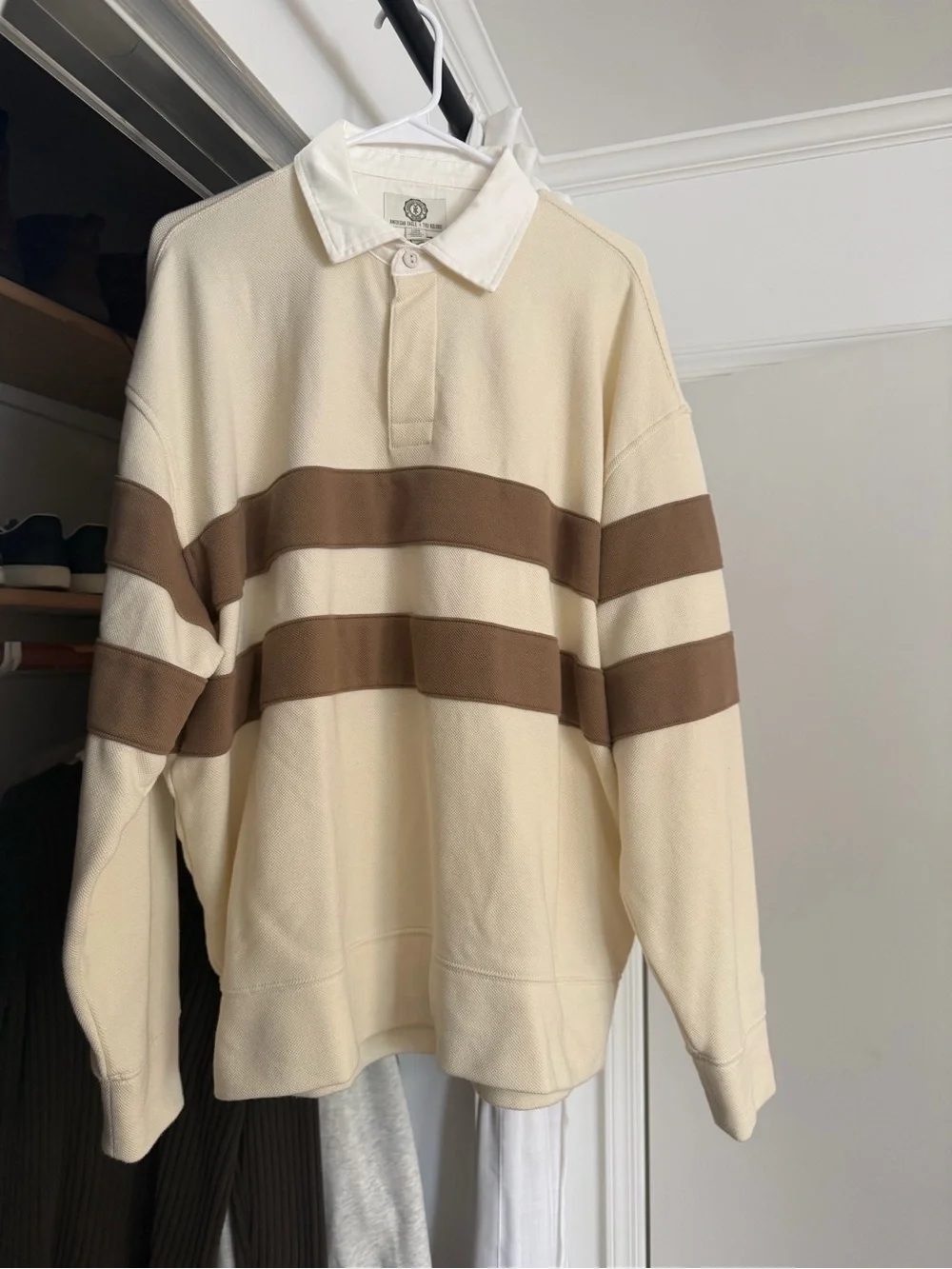 American Eagle Outfitters Cream Heavyweight Rugby Pullover with Brown Stripes